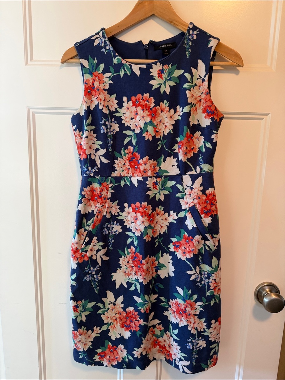 Lands' End Navy Floral Sheath Dress with Pink & Coral Blooms